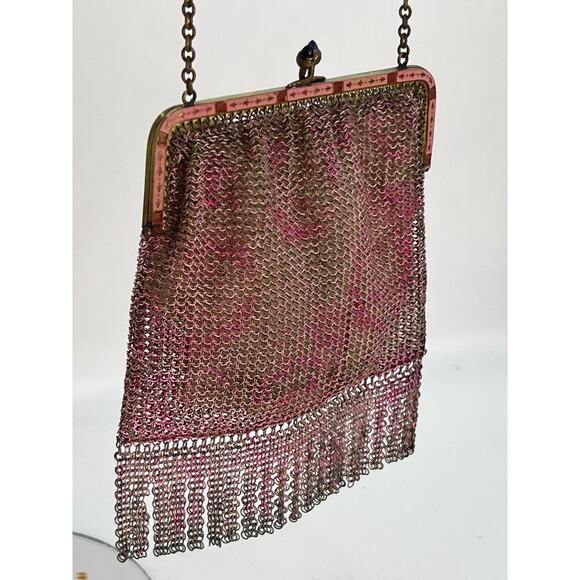 Antique Ornate German Enamel Mesh Coin Purse Bag Pink Repousse Frame Lining good - Picture 6 of 16